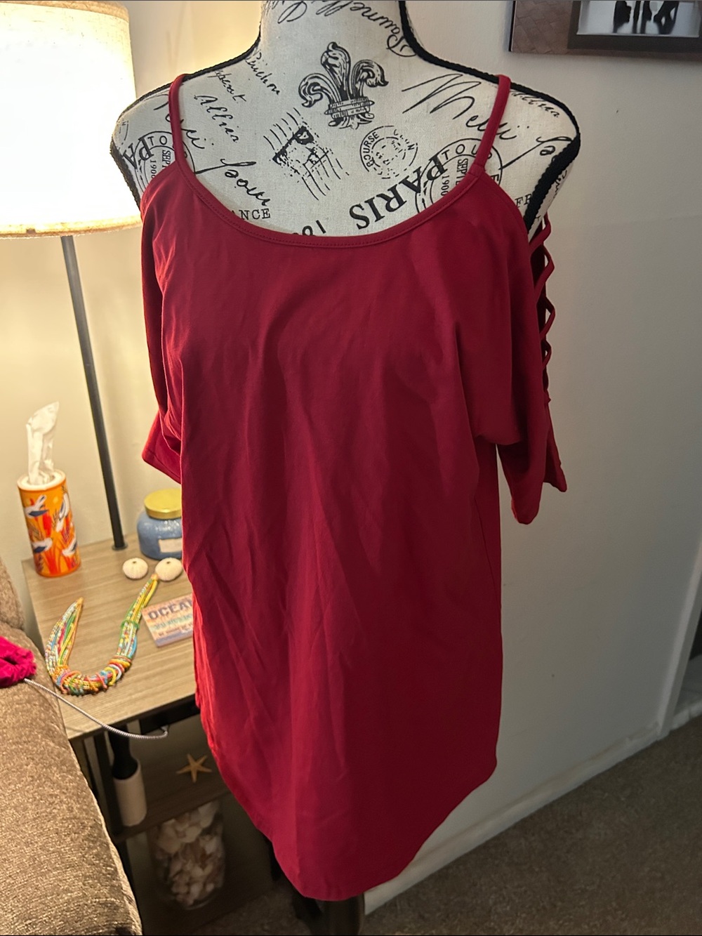 Women’s Red Cold-Shoulder Top with Ladder Sleeve Detail
